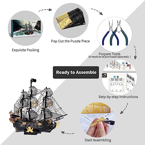 Image of Piececool 3D Metal Puzzles for Adults, Black Pearl Pirate Ship Model Kits with DIY Tools, Watercraft Metal Model Building Kit for Birthday