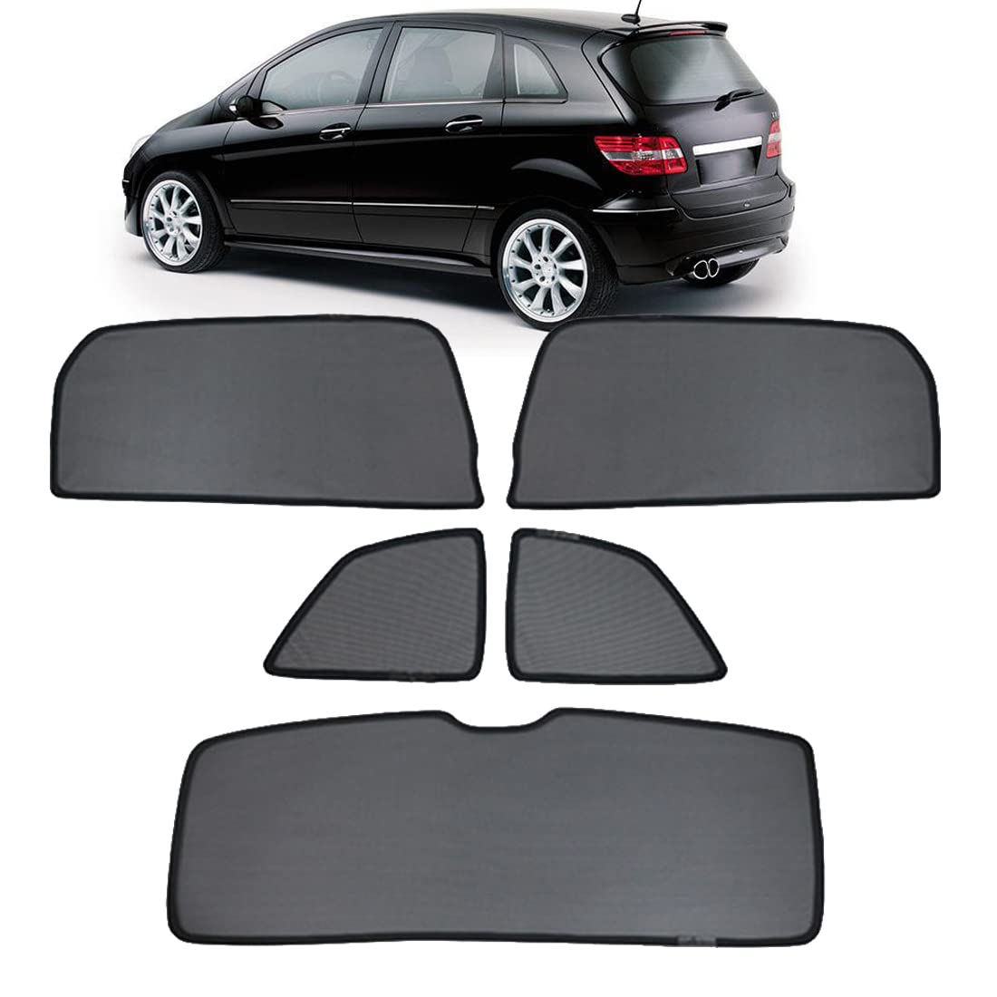 Sonnenschutz Auto Vorhang Für Baby Kinder Haustiere Sonnenblende Für B-Class W245 2007-2011 UV Schutz Magnetisch Sonnenschutz Für Autofenster Seitenscheibe Schwarz,Rear+Triangular+Back-windscreen-5PCS
