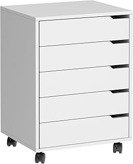 soges Vertikaler Aktenschrank mit 5 Schubladen und Rollen - Mobiles Büromöbel mit Griffen - Schubladenschrank für Home Office - Weiß