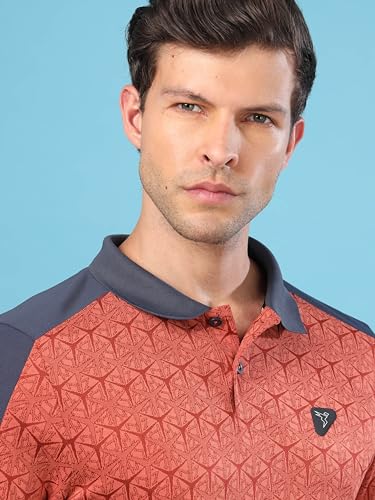 Image of TECHNOSPORT Men's Slim Fit Polyester Sporty Print Athleisure Polo T-Shirt with Half Sleeve, Moisture Wicking and Quick Dry