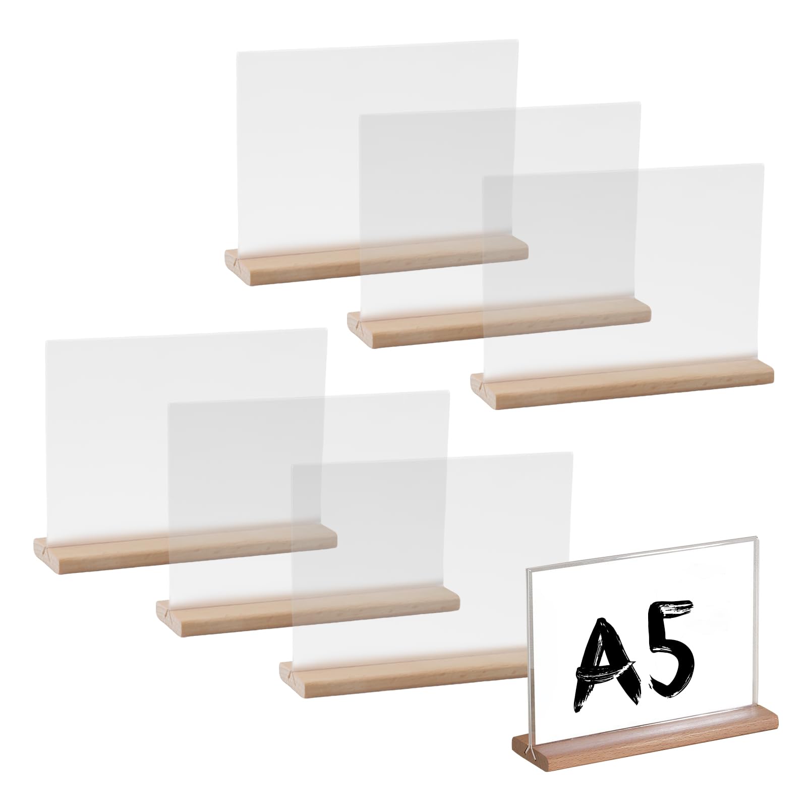 hocadon 6PCS A5 Acrylic Sign Holder with Wood Base Double Side Clear Menu Holder Display Stand for Office Store Restaurant Wedding