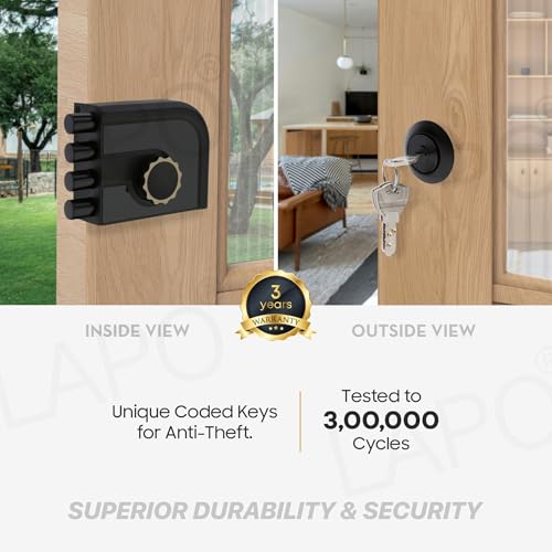 Image of LAPO Mega Bolt Main Door Deadbolt Lock, Heavy Duty Four Bullet Security Door Lock, One Side Key Mechanism, Universal Fit for Right & Left-Hand Wooden Doors, 3 Years Warranty(Black Finish)