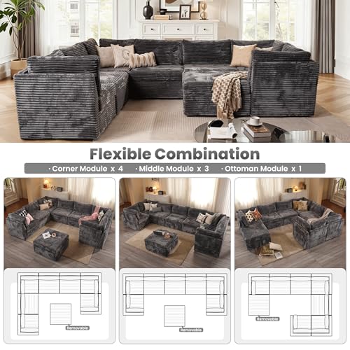 Image of ovios Modular Sectional Sofa Couch with Sofa Bed L-Shape Chaise, Comfy Plush Corduroy Cloud Couches, Modern Luxury Deep Seat Sofas Set for Living Room, 8-Seater, Grey