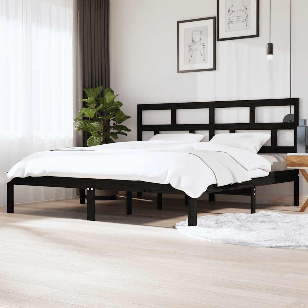 Z litego drewna sosnowego z zagłówkiem klasyczny 200 x 200 cm czarny | Rama łóżka czarna lite drewno sosnowe 200x200 cm z zagłówkiem solidne listwy