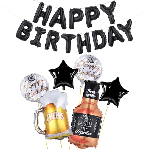 PANRRPERS Beer Cup Balloons Whiskey Bottle Beer Mug Shape Black Happy Birthday Mylar Foil Balloon 16 Inch Summer Party, Birthday Party Decorations for Women and Men (Black Balloons)