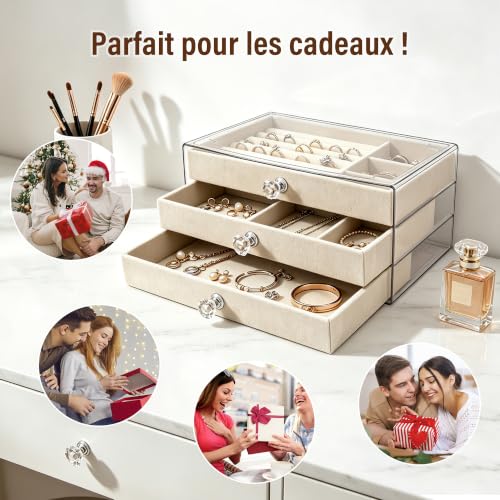 Boîte à bijoux femme 3 niveaux, avec tiroirs amovibles, boîte rangement bijoux en acrylique transparent, pour bagues, colliers, boucles d'oreilles, Beige – vue 7