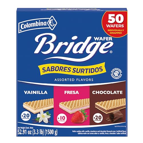 Image of Colombina Bridge Wafer Cookies Variety Pack, Vanilla Strawberry Chocolate, 50 Count (30g Each), Bulk Box 52.91 oz (3.3 lb)