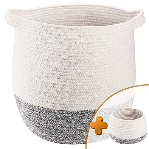 TerriTrophy 2pc Large Woven Storage Basket with Handles 17" x 16" Laundry Hamper, Rope Basket,Large Basket, Blanket Basket, Toy Basket, Pillow Basket for Nursery