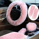 Tallew 6 Pieces Fluffy Steering Wheel Covers Winter Wool Fur Handbrake Warm Gear Steering Wheel Cover Console Seat Belt Shoulder Pads Accessories Furry Non-Slip Car Decor(Long Hair,Pink)