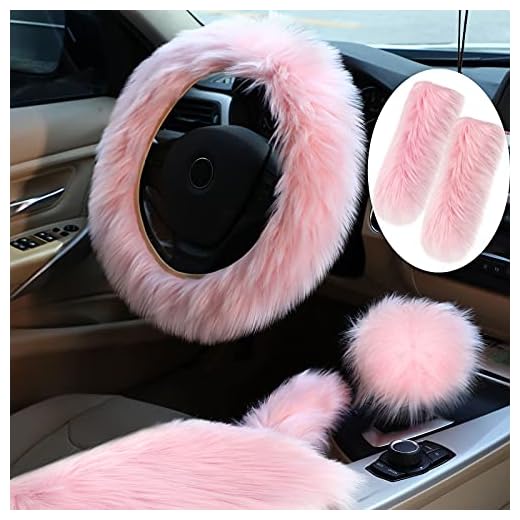 6 Pieces Fluffy Steering Wheel Covers Winter Wool Fur Handbrake Cover Warm Gear Steering Wheel Cover Center Console Seat Belt Shoulder Pads Accessories Furry Non-slip Car Decor (Pink,Long Hair)