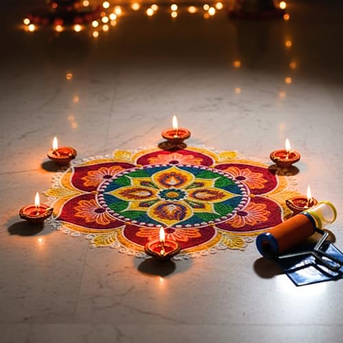 Image of TOTA DIY Rangoli making Tool Kit for Diwali Pooja and Home Decor - 2 Rangoli Squeeze Bottles, 1 Assorted Stencil, 1 Magic Rangoli Filler, 1 Rangoli Pen, 1 Rangoli Stencil Roller