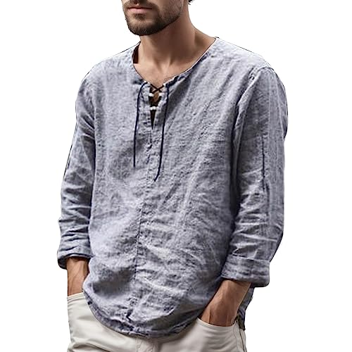 T-Shirt Coton et Lin Homme Col V Cordon pour Vos Journées d'Été et Terrasses #f415
