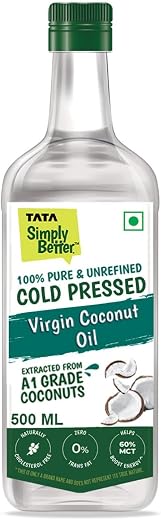 Tata Simply Better Pure &amp; Unrefined Cold Pressed Virgin Coconut Oil,Naturally Cholesterol Free,500ml,Rich Aroma &amp; Flavour ...
