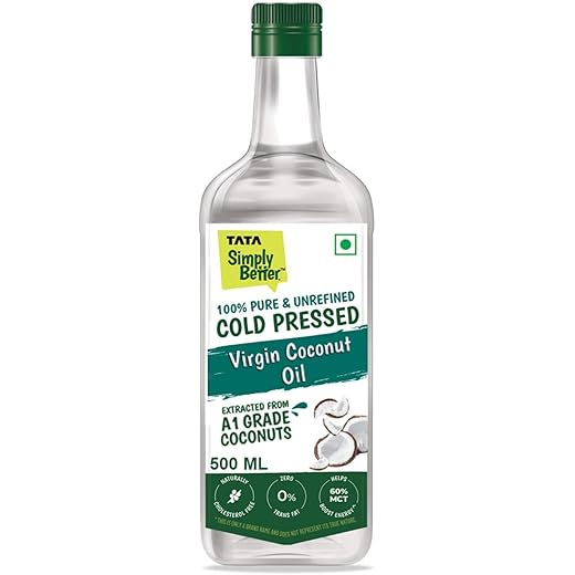 Tata Simply Better Pure & Unrefined Cold Pressed Virgin Coconut Oil, Naturally Cholesterol Free, 500ml, Rich Aroma & Flavour of Real Coconuts, For Daily Cooking with Multipurpose Usage,A1 Grade Coconuts