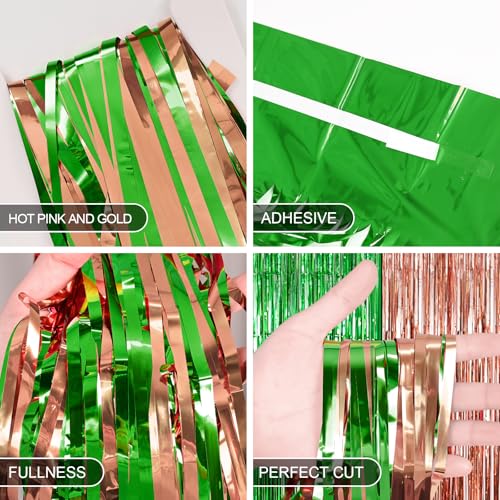 Image of Adorely Foil Fringe Curtains 2 Pcs 3.3x6.6 ft Birthday Party Decorations, Rose Gold Green Foil Fringe Curtains Metallic Streamer, Witch Tinsel Photo Booth Props Backdrops for Witch Birthday Supplies