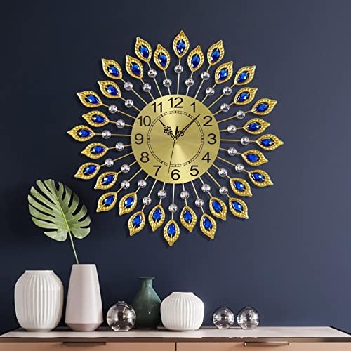 23.6 Inch Gold Large Wall Clocks for Living Room Decor,Elegant 3D Modern Wall Clock with Dial Arabic Numberals Non-Ticking Silent Big Wall Clocks,Diamond Round Home Decoration Kitchen Clocks