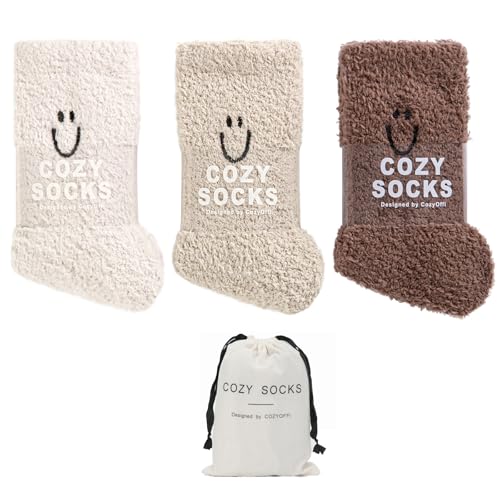 COZYOFFI Cozy Socks for Women Gifts: Fuzzy Ultra-Soft Warm Fluffy Cute Luxury Cloud Socks for Home Sleep 3 Pack Beige Khaki Brown
