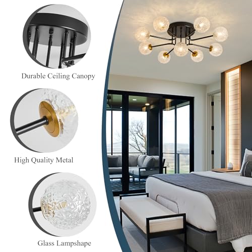 Image of Sputnik Semi Flush Mount Ceiling Light Black Glass Globe Ceiling Lighting Modern Close to Ceiling Light for Living Room Dining Room Bedroom Kitchen