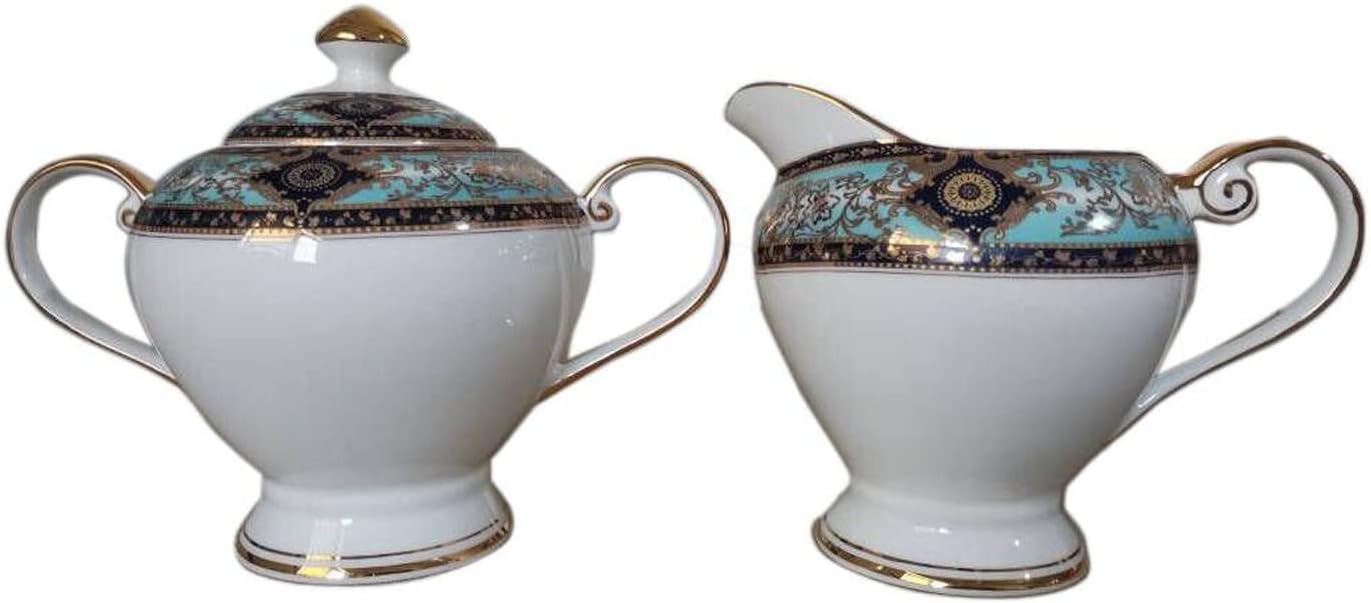 YBK Tech Bone China Milk jug and Sugar Bowl Set for Coffee Tasting Drinking- Royal Patterns (Sky Blue)