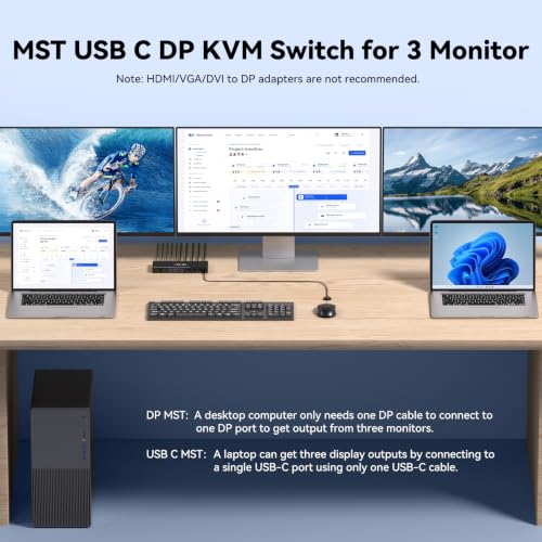 Image of USB C DP KVM Switch 3 Computers 3 Monitors,4K /1080P@60Hz MST KVM Switch for 1 PC&2 Laptop Share 3 Monitor with 4 USB3.0 Devices,PD for Laptop, USB Cables and Power Adapter(4K USB C DP 3 in 3 Out KVM)