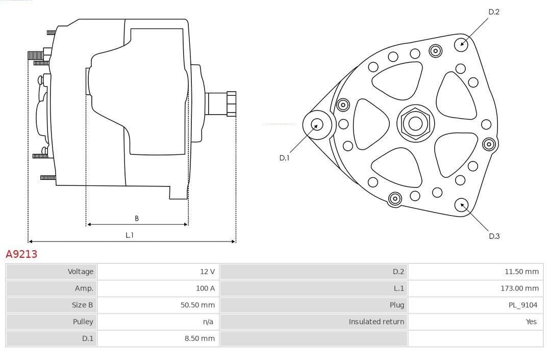 AS-PL Alternador A9213 100A sin polea