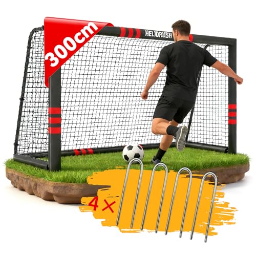 HELIORUSH Fußballtor 300 x 200 cm - Anti-Rost Stahlrohr Wetterfestes Fussballtor mit EPE-Polsterung & 33-Strängigem PE-Netz - Profi Fussballtore für Garten Kinder & Erwachsene Outdoor inkl. U-Erdnägel