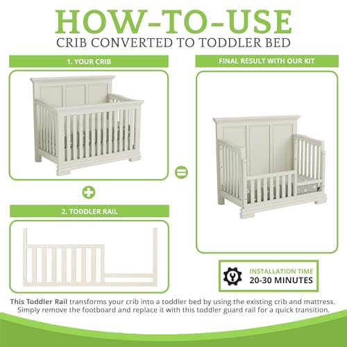 Image of Toddler Bed Safety Guard Rail for Oxford Baby, Soho, Ozlo & Avalon Baby Convertible Cribs - Solid Wood Rail for Toddler Bed Conversion - Safety Rails for Children (Heirloom White, Option 1)