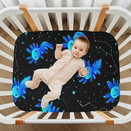 Image of Cartoon Axolotl Galaxy Crib Sheets Soft Breathable Fitted Baby Crib Sheets Mattress Cover for Girls Boys, 52 inch x 28 inch x 9 inch