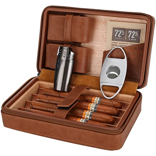 Citree Cigar Travel Humidor, Cedar Wood Leather Cigar Case With Cigar Accessories Gift Set, Brown #TOP1