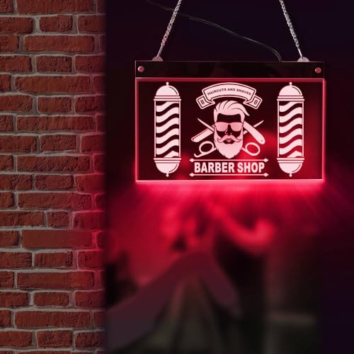The Geeky Days Custom Barber Shop LED Neon Sign with Remote Control 7 Color Changing Light Barber Pole Styling Logo Haircuts And Shaves Acrylic Hanging Decorative Board Hairdresser Gift