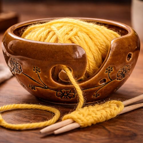 Ceramic Brown Yarn Bowl for Knitting