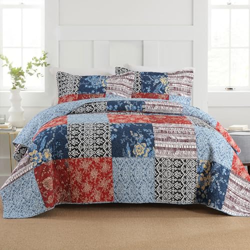 Secgo King Comforter Set for Bed – 100% Cotton Quilts Queen Size, Black Bedspreads (98 * 106 Inch) with 2 Pillow Shams, Patchwork Reversible Lightweight Bedding