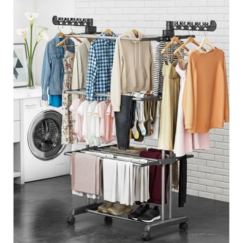 Casabella 4-Tier Foldable Clothes Airer, Large Indoor Drying Rack Tower with Wheels, Sturdy Stainless-Steel Clothes Horse for Laundry Room & Bedroom, 75x64x170cm