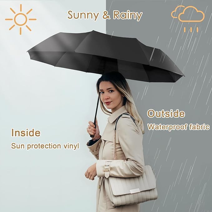Image of FLYNGO 12 Strong Ribs Reinforced Windproof Umbrella for Rain Big Size, 3-Fold Auto Open /Close Travel Umbrella for Sun Protection