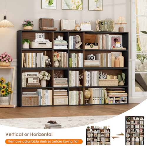 FOTOSOK 71" H Quad Wide Bookshelf and Bookcase, 7 Tier Tall Bookshelf with 28 Open Display Shelves, Large Bookcase Tall Book Shelf DVD/CD Media Storage Book Case for Living Room, Black/Brown - Image 6