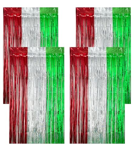 Set de 4 Cortinas de Lamé Navideñas Rojo,Verde y Blanco,Decoración de Fiesta en Lámina Metálica Brillante con Flecos,Ideal para Navidad,Cumpleaños,Photobooth,Fondos de Escena,Puertas y Ventanas(1mx2m)
