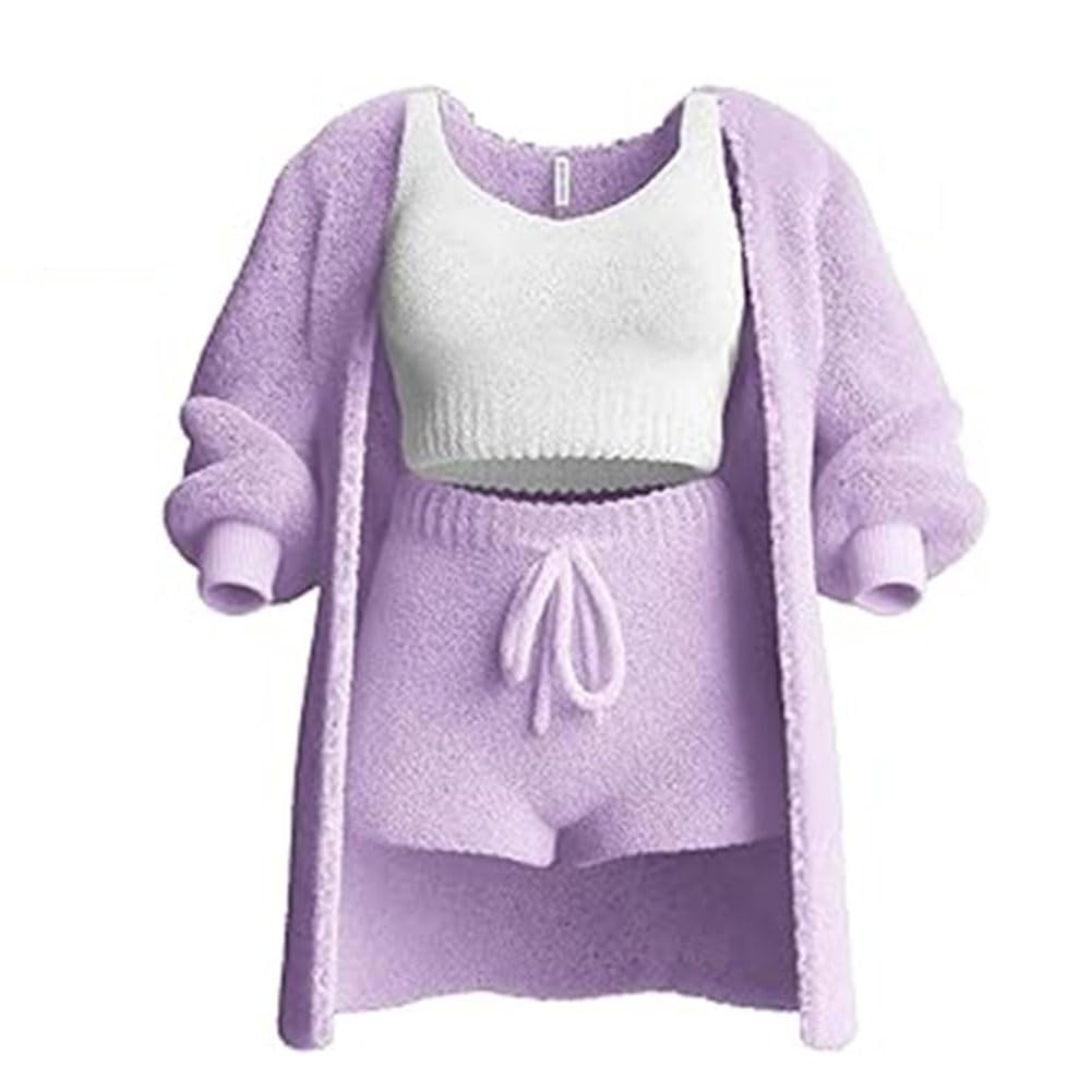 Conjunto de Punto de 3 Piezas,Pijama Sexy de Forro Polar difuso y cálido para Mujer,Conjunto de Ropa de Dormir de 3 Piezas,Tops Cortos sin Mangas