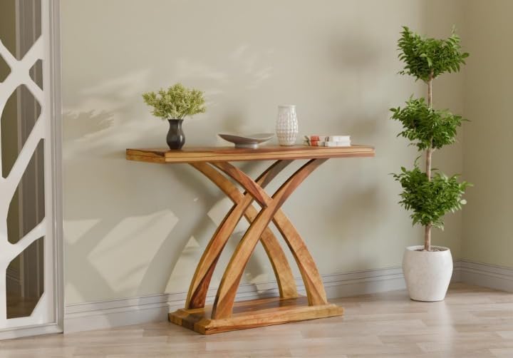 Image of Solid Wood Console Table for Living Room & Entryway | Modern Wooden Hallway Sofa Side Table with Designer Cross Leg Base | Honey Finish | 48 x 14 x 36 Inch