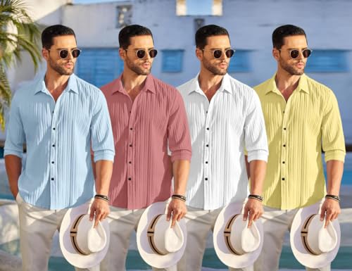 Image of FINIVO FASHION Combo of Men's Casual Cotton Plain Button Down Shirt Long Sleeve Textured Summer Beach Shirt for Men Pack of 4