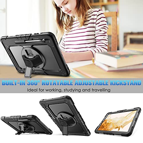 Casebot Shockproof Case For Samsung Galaxy Tab S8 Plus 2022/S7 Fe 2021/S7 Plus 2020 12.4 Inch With Screen Protector, 360° Rotating Kickstand Rugged Heavy Duty Hybrid Cover W/Hand Shoulder Strap,Black #TOP3