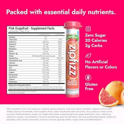 Image of Zipfizz Daily Energy Drink Powder, Pink Grapefruit, 20 Pack | 3-in-1 Sustained Energy, Rapid Hydration, and Essential Vitamins | Sugar-Free | Electrolyte Powder | Contains Vitamin B-12 & Antioxidants