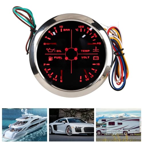 Keenso Kraftstoffstandsanzeige, 4in1 85 Mm Anzeige Multifunktions-Kraftstoffstand Öldruck Wassertemperatur Voltmeter DC 8 Bis 16 V für Auto Wohnmobil Boot Motorrad (Schwarz °C/BAR)