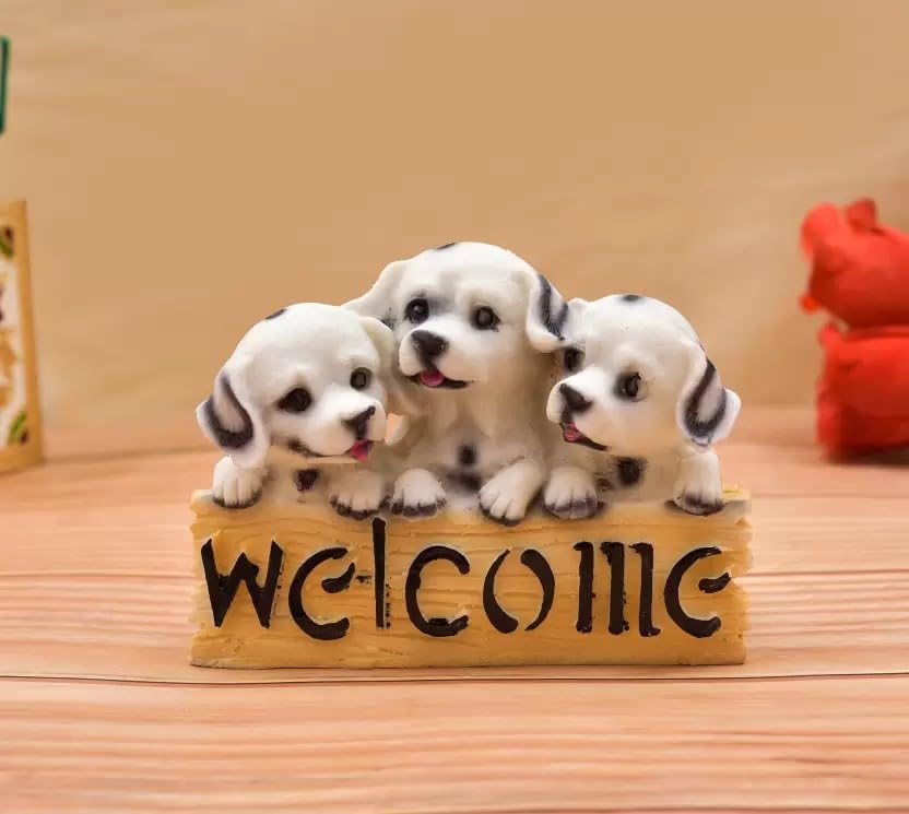 Ansh Outlet Welcome Dog Showpiece Statue Home Décor Figurine Door Entrance Decoration Item for New Home Latest Kitchen Living Room Office | Made Resin Material - (White & Black)