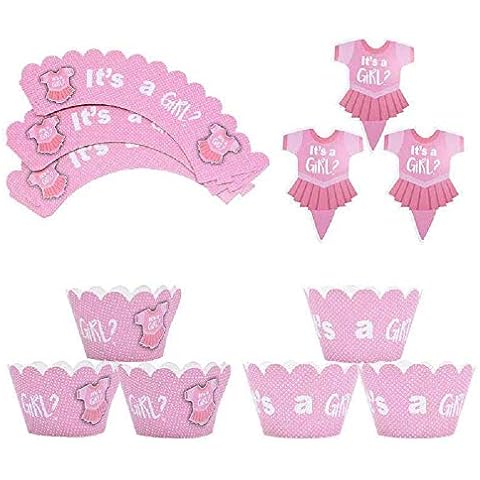 Gender Reveal Cupcake Wrapper and Toppers, 24 Pack Baby Shower Kids Birthday Gender Reveal Party Cake Decorations Supplies (Pink) Cover