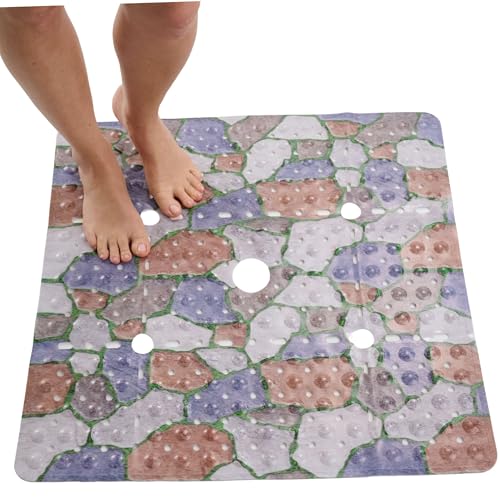 Image of ENKOSI Square Shower Mat 27x27 inch - Anti Slip Shower Stall Floor Mat - Non Slip Shower Mats with Strong Secure Suction Cups and Drain Holes in Middle (27x27 Stone Path)