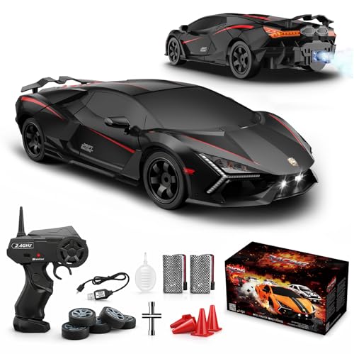 Ruxrcni RC Drift Car, 1:16 Remote Control Car 2.4Ghz High Speed RC Cars 4WD Racing Sport Toy Cars with LED Lights, Spray, Drifting Tires, 2 Batteries for Kids Boys Girls Adults Birthday Christmas