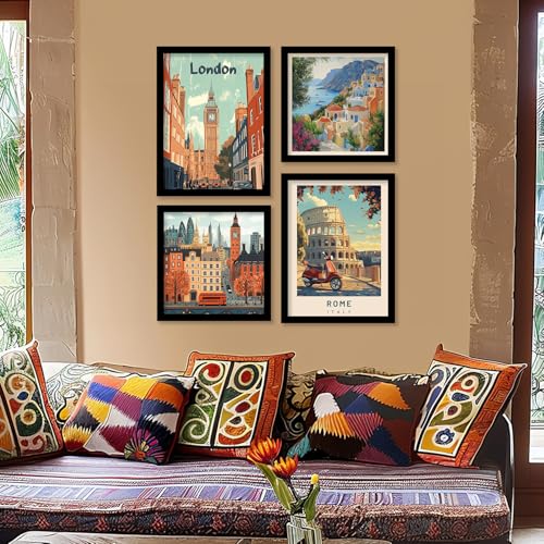 Image of kotart Retro Travel Theme Wall Poster with Frame for Room Office Living Room Hotel Home Decor - Modern Art City Vibes Wall Decor Photo Frames - Framed Posters / Paintings Set of 8 (Art 1, Big(13x17 or 13x13 inch), Framed)