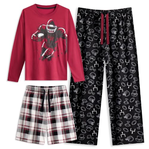 Image of US Angels Boys Pajamas Set | 3-Piece Pant, Shirt, Shorts Sleepwear Pjs for Kids | Loose Fit, Soft, Breathable Blue Plaid