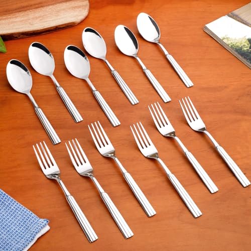 Image of Nestasia Stainless Steel Cutlery Set of 12 (18cm Each) - Dishwasher Safe & Rust Resistant Spoon & Fork Set - Fluted Cutlery Set for Dining Table, Kitchen & Gifting