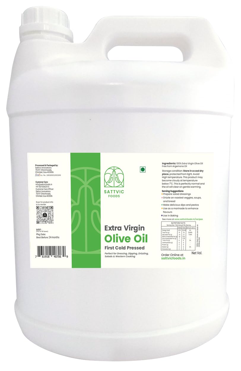 Sattvic Foods Extra Virgin Olive Oil (5 L) | Sourced from Spain | 100% Pure & First Cold Pressed Olive Oil | Use Olive Oil for Cooking, in Salad Dressings, Soup, Marinades, Bread & Dips (B0D7S9NKPB) Amazon Price History, Amazon Price Tracker